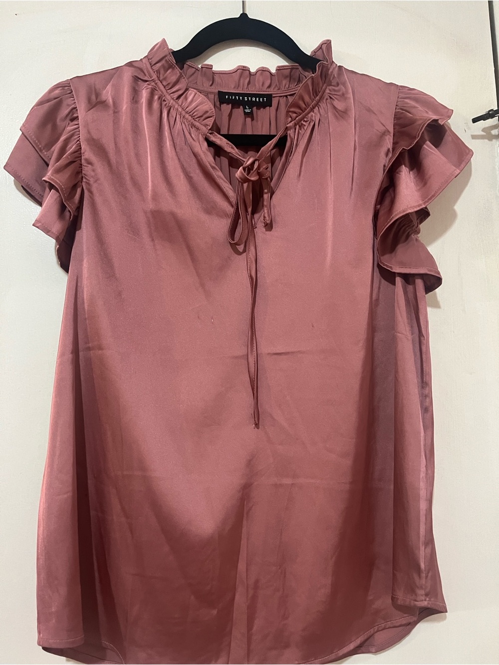 Rose Pink Ruffle Sleeve Tie-Neck Women's Top